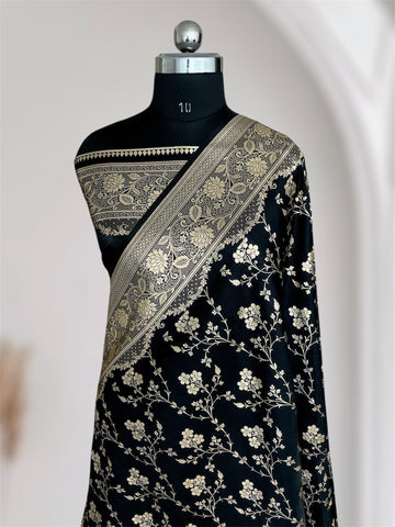 Black Beauty Satin Silk Banarasi Saree Floral Jaal