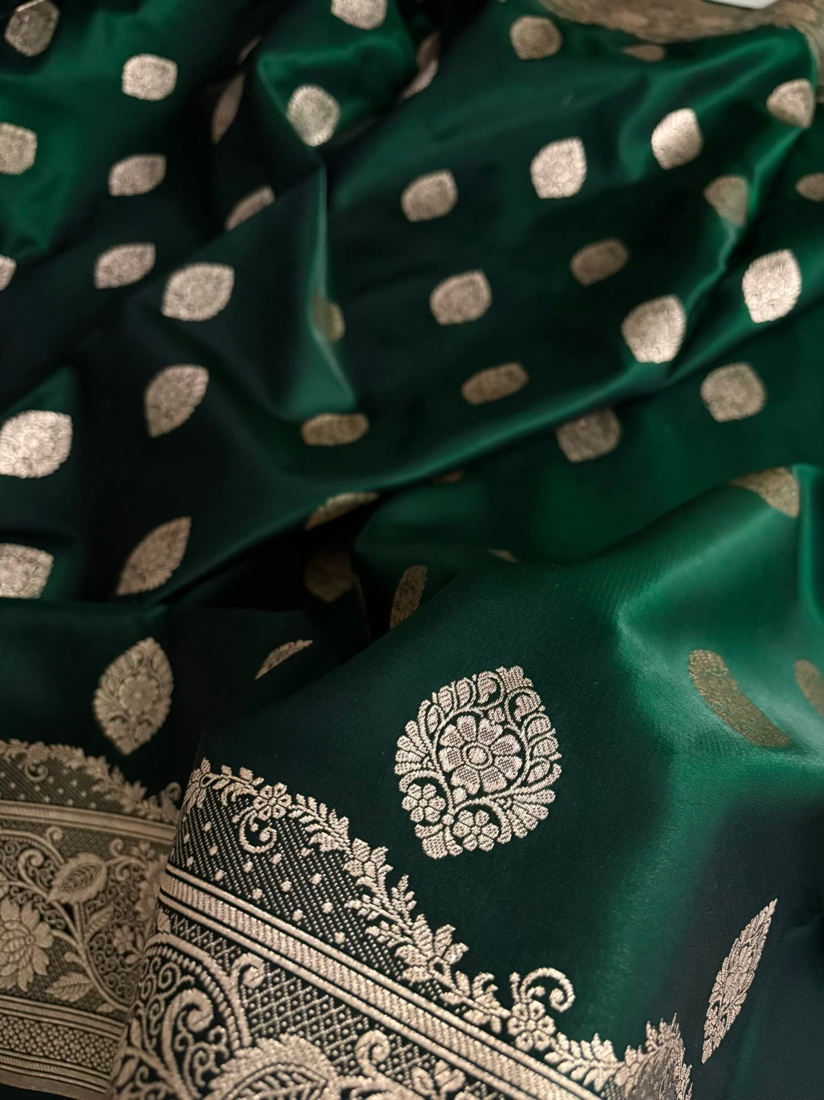 Dark Green Satin Silk Banarasi Saree Jhaad Motif