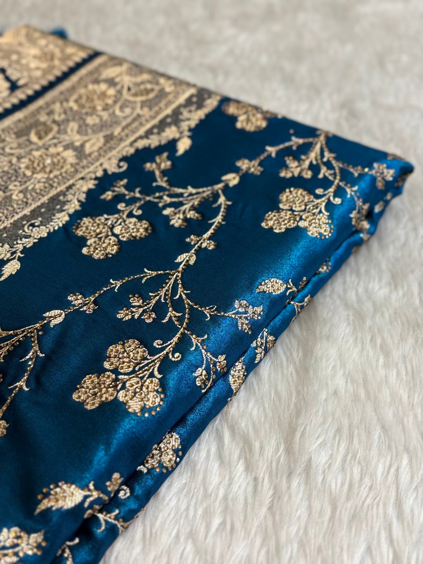 Teal Blue With Swarovski Stone Work Jaal Pattern Satin Silk Saree