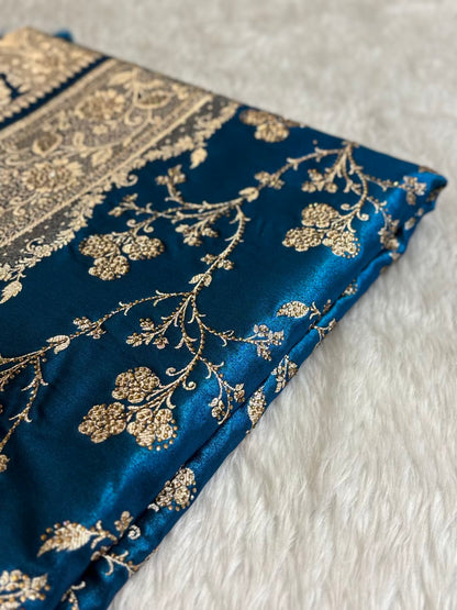 Teal Blue With Swarovski Stone Work Jaal Pattern Satin Silk Saree