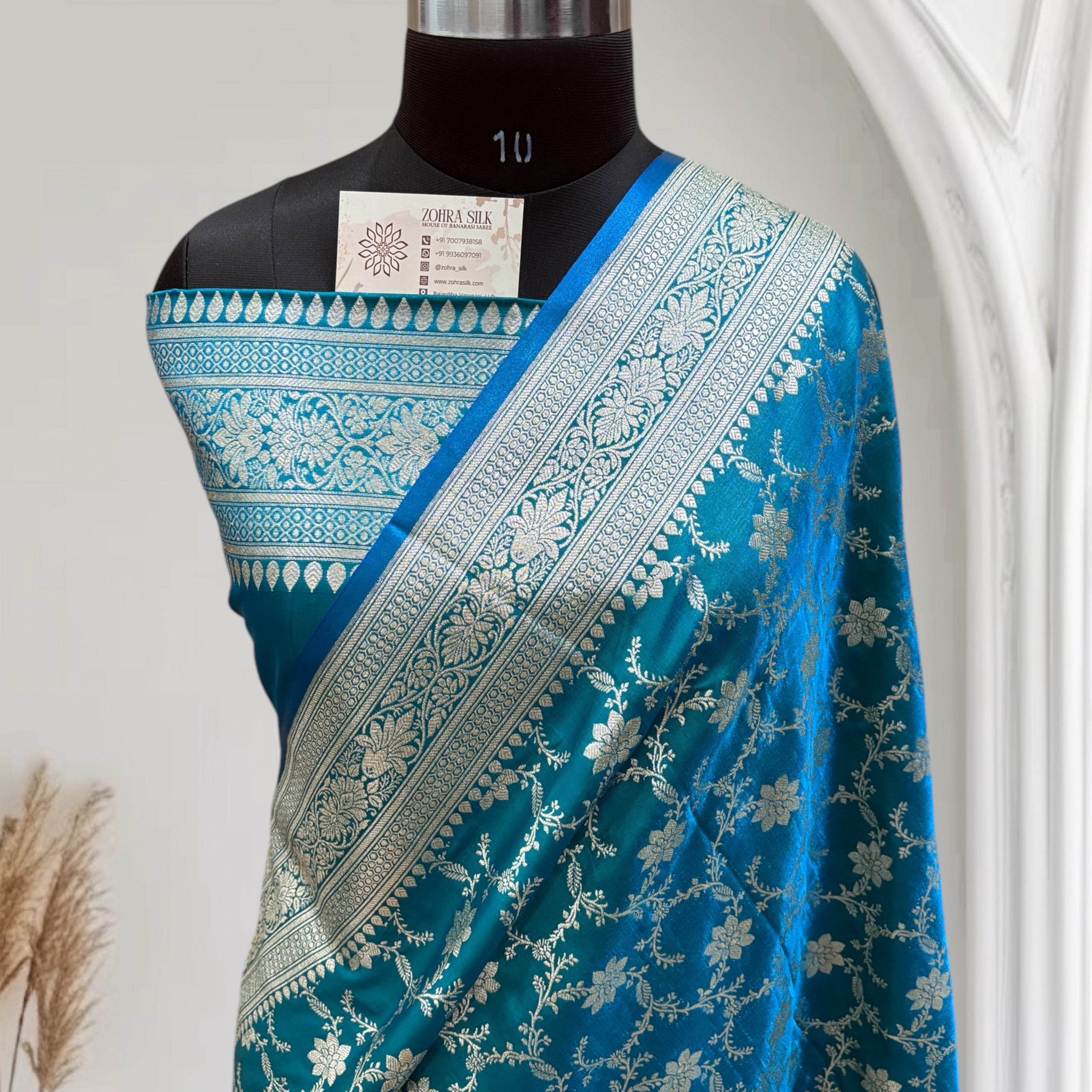 Blue-Green Jaal Pattern Satin Silk - Zohra Silk