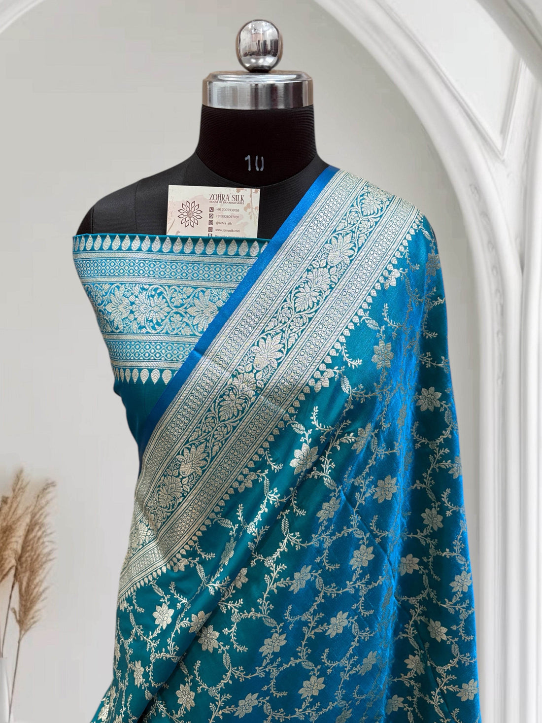 Blue-Green Jaal Pattern Satin Silk - Zohra Silk