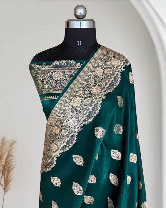 Teal Green Satin Silk Banarasi Saree Jhaad Motif