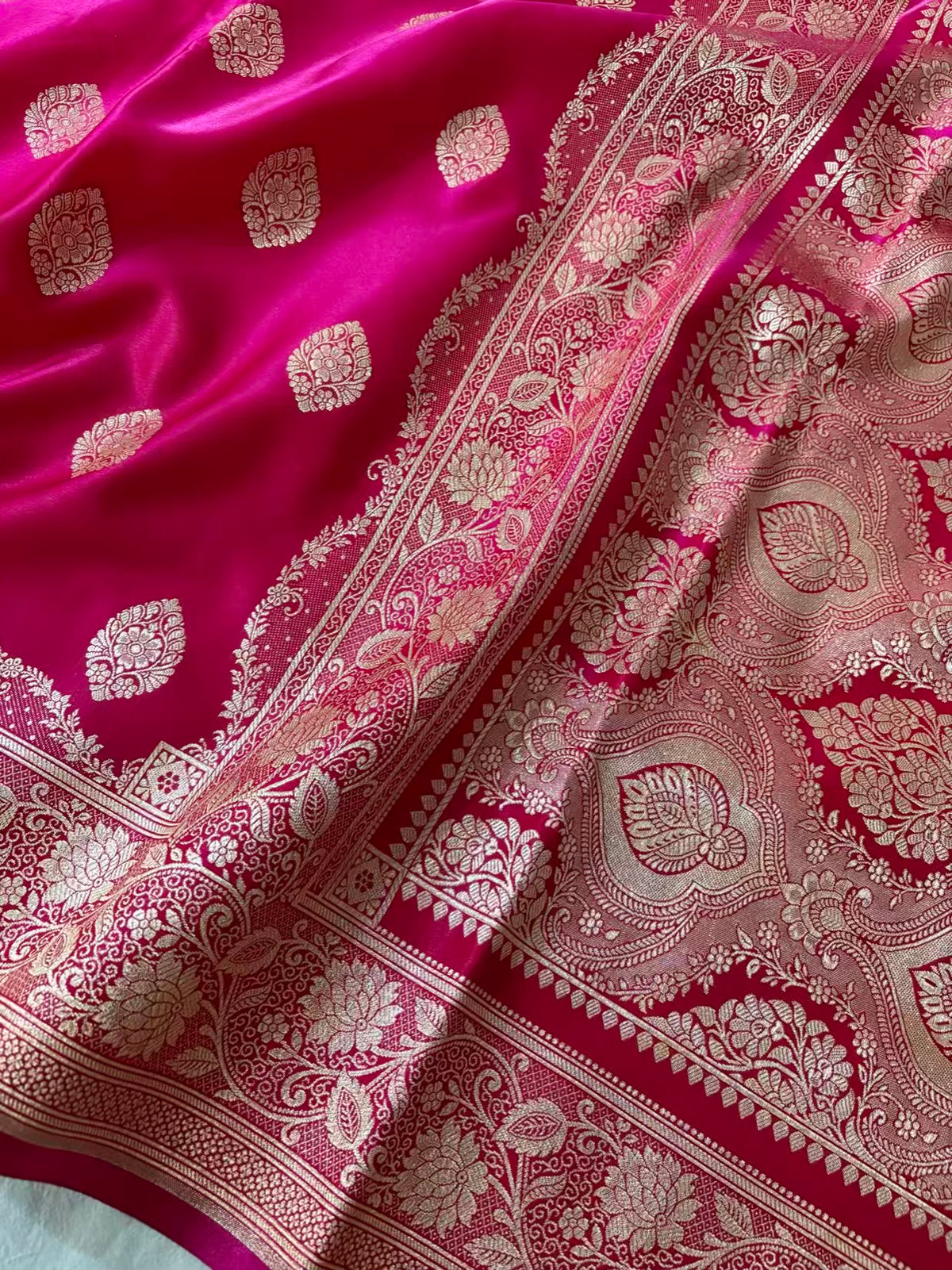 Rani Pink Satin Silk Banarasi Saree Jhaad Motif