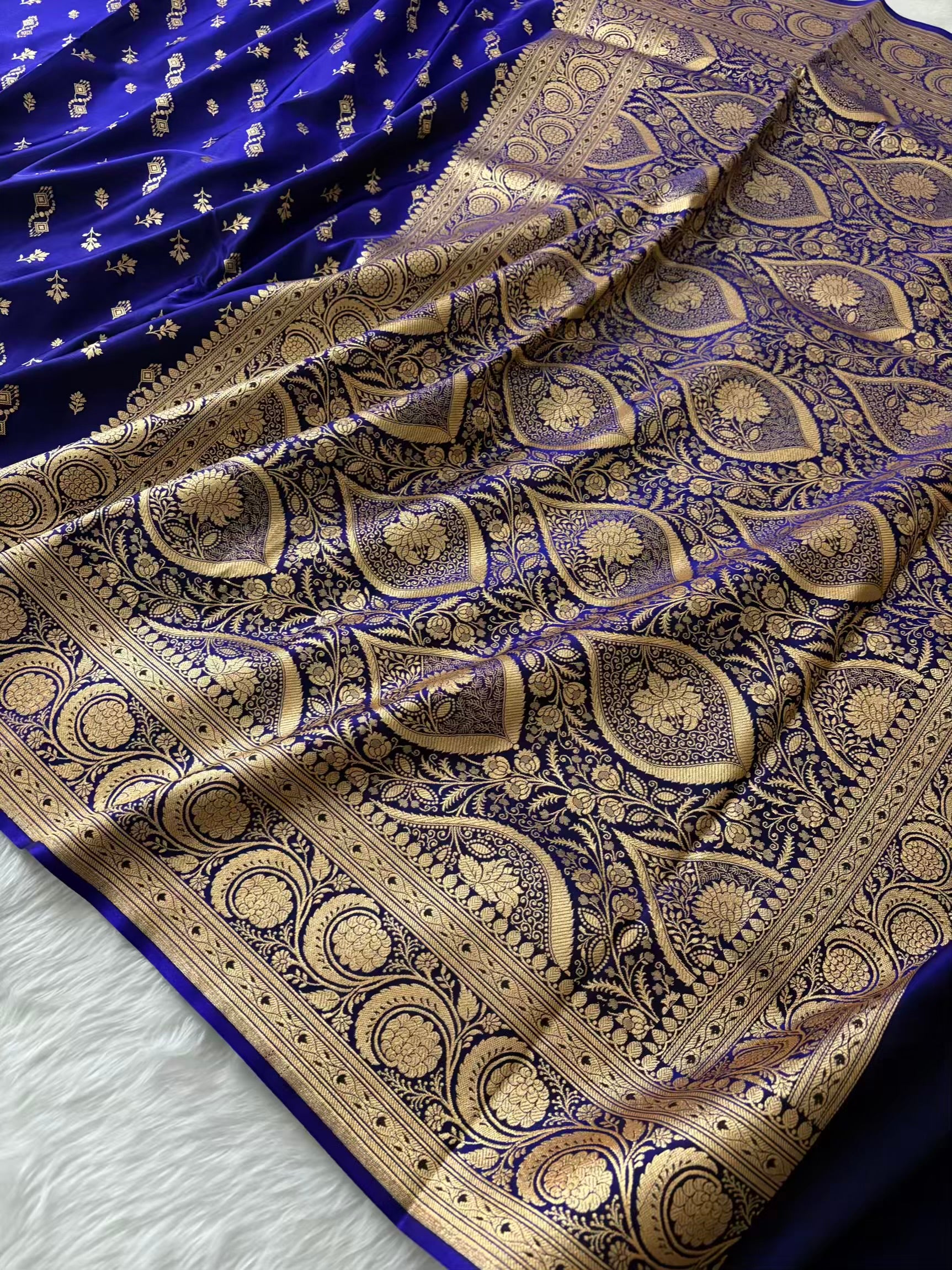 Blue Motifs Satin Silk Banarasi Saree