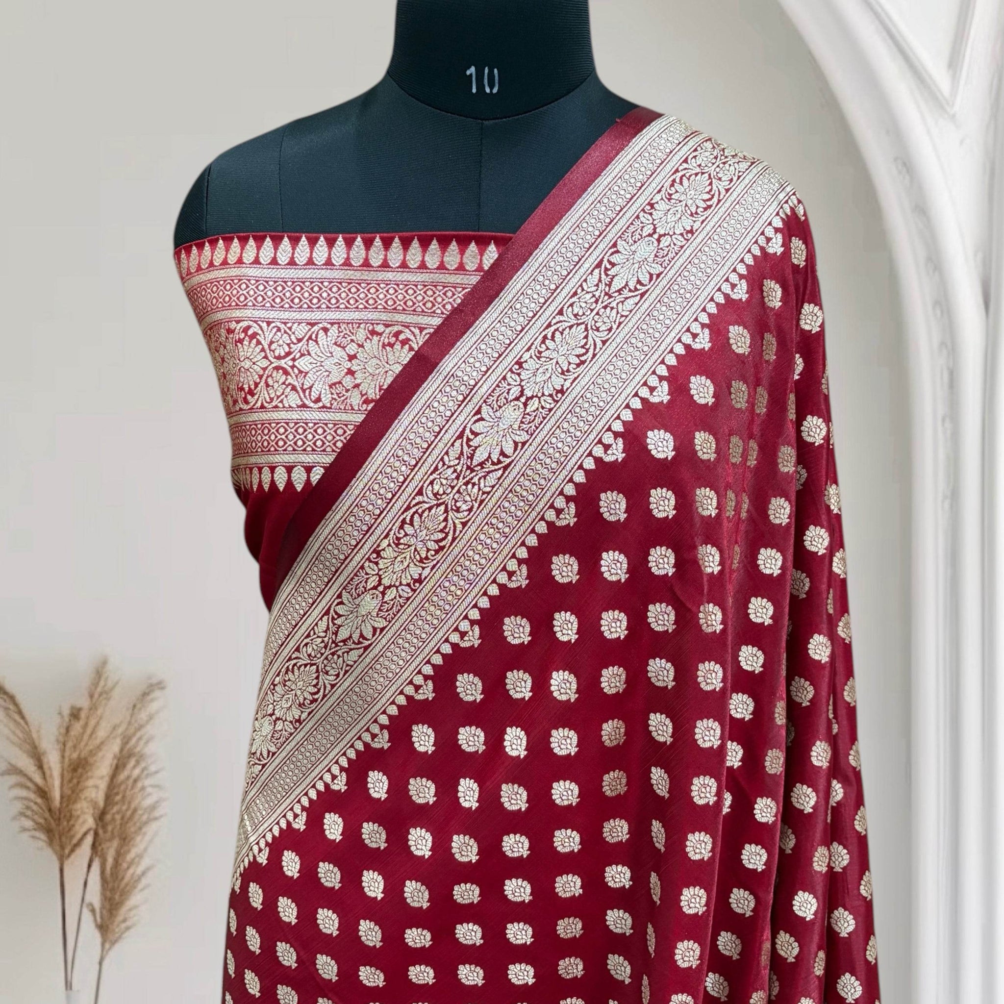 Maroon Buti Satin Silk Banarasi Saree - Zohra Silk