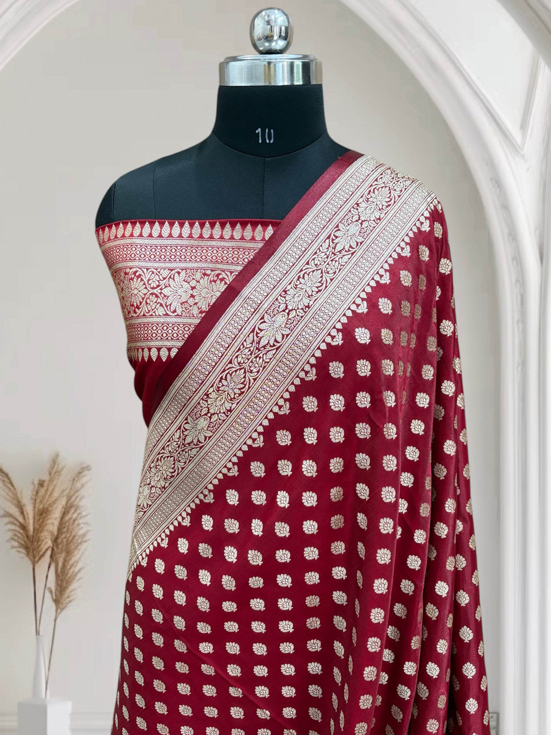 Maroon Buti Satin Silk Banarasi Saree - Zohra Silk