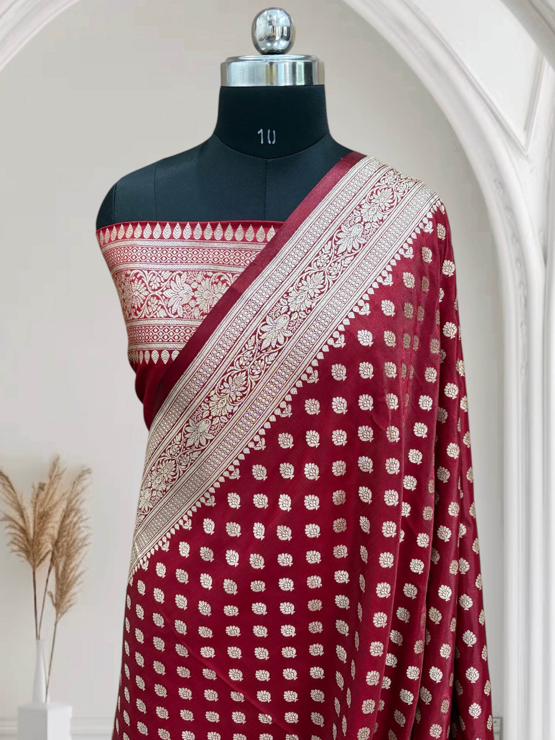 Maroon Buti Satin Silk Banarasi Saree - Zohra Silk