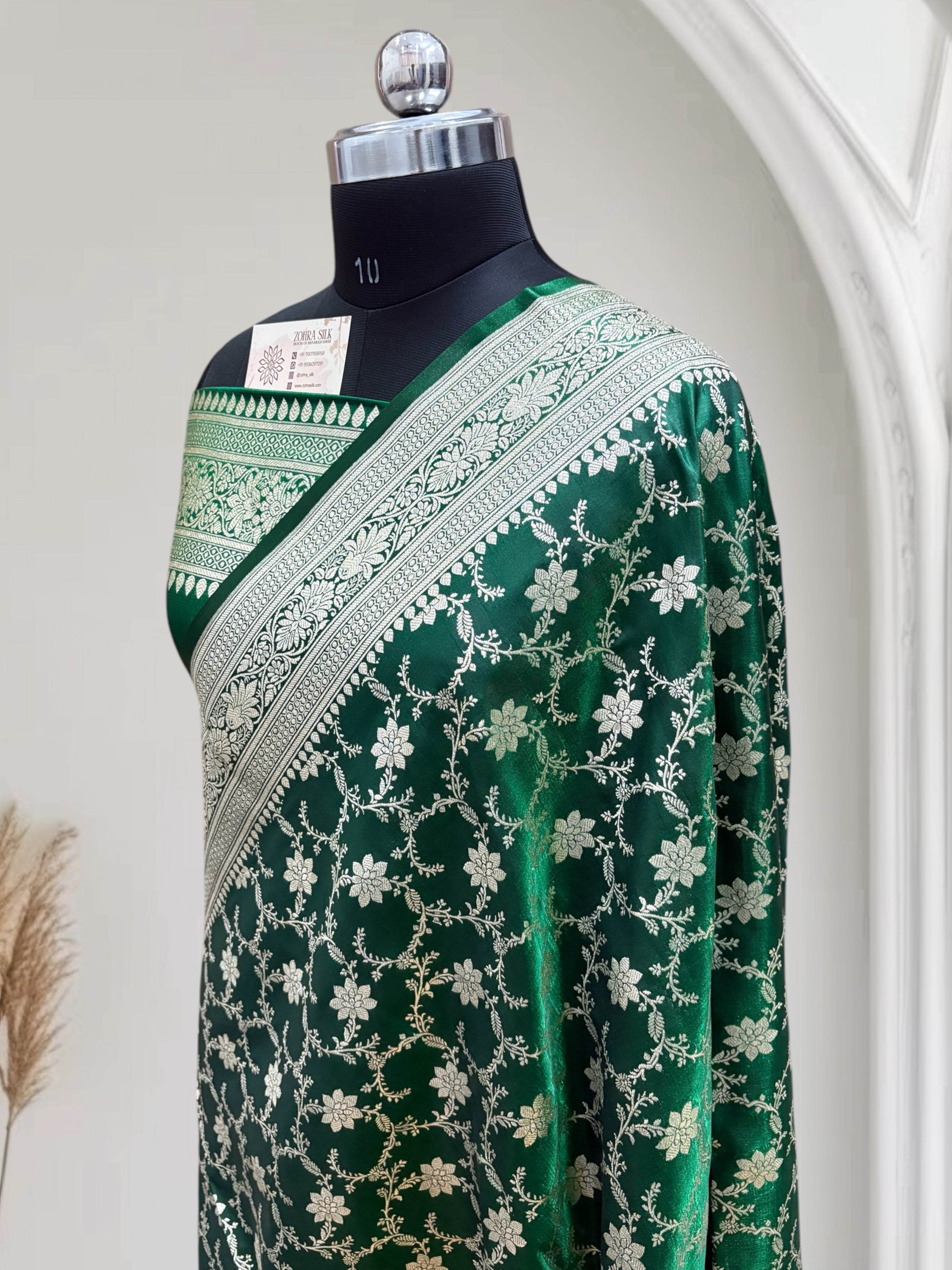 Dark Green With Shaded Jaal Pattern Satin Silk Saree - Zohra Silk