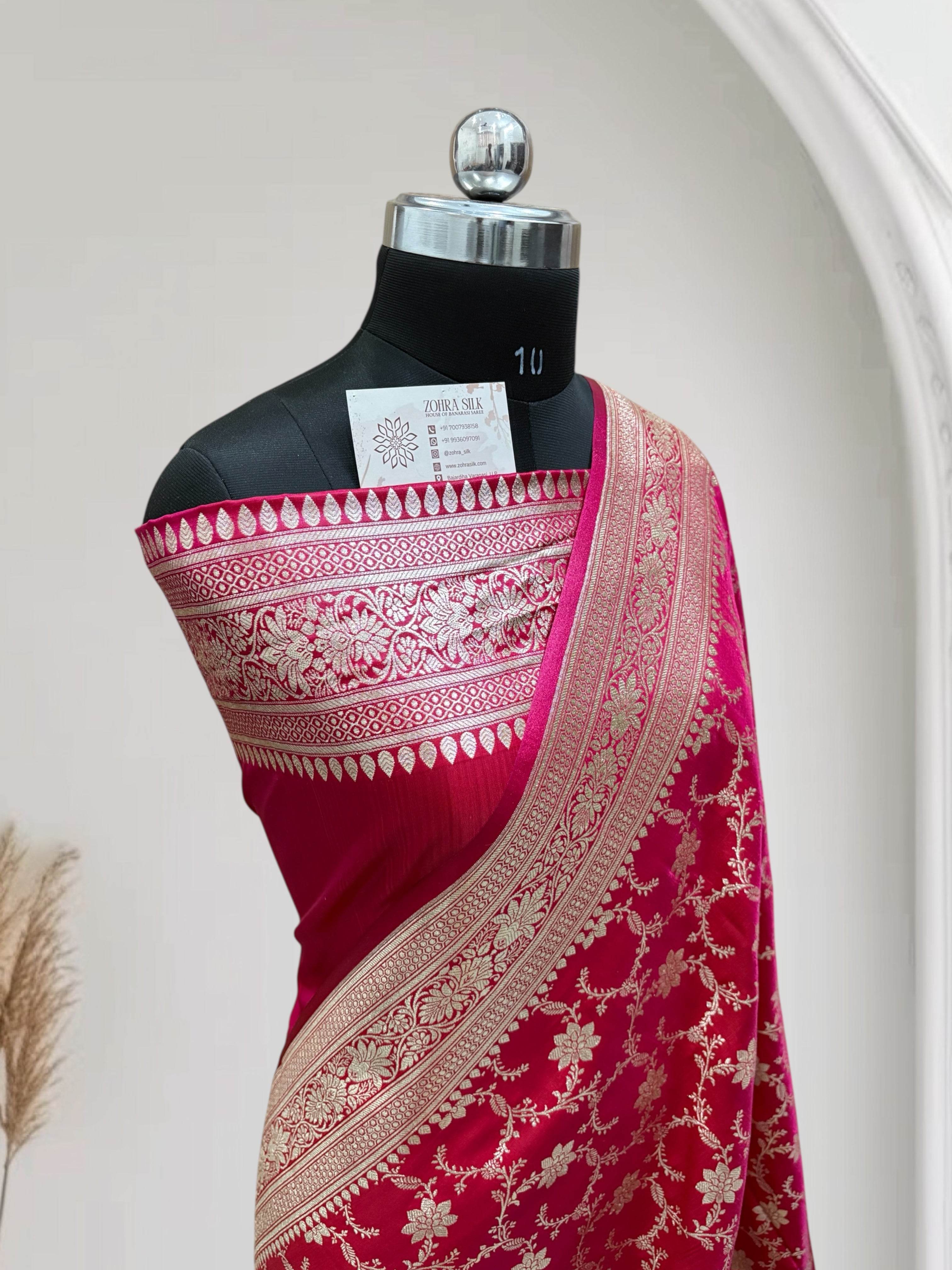 Satin Silk Banarasi Saree in Rani with Red Shaded - Zohra Silk