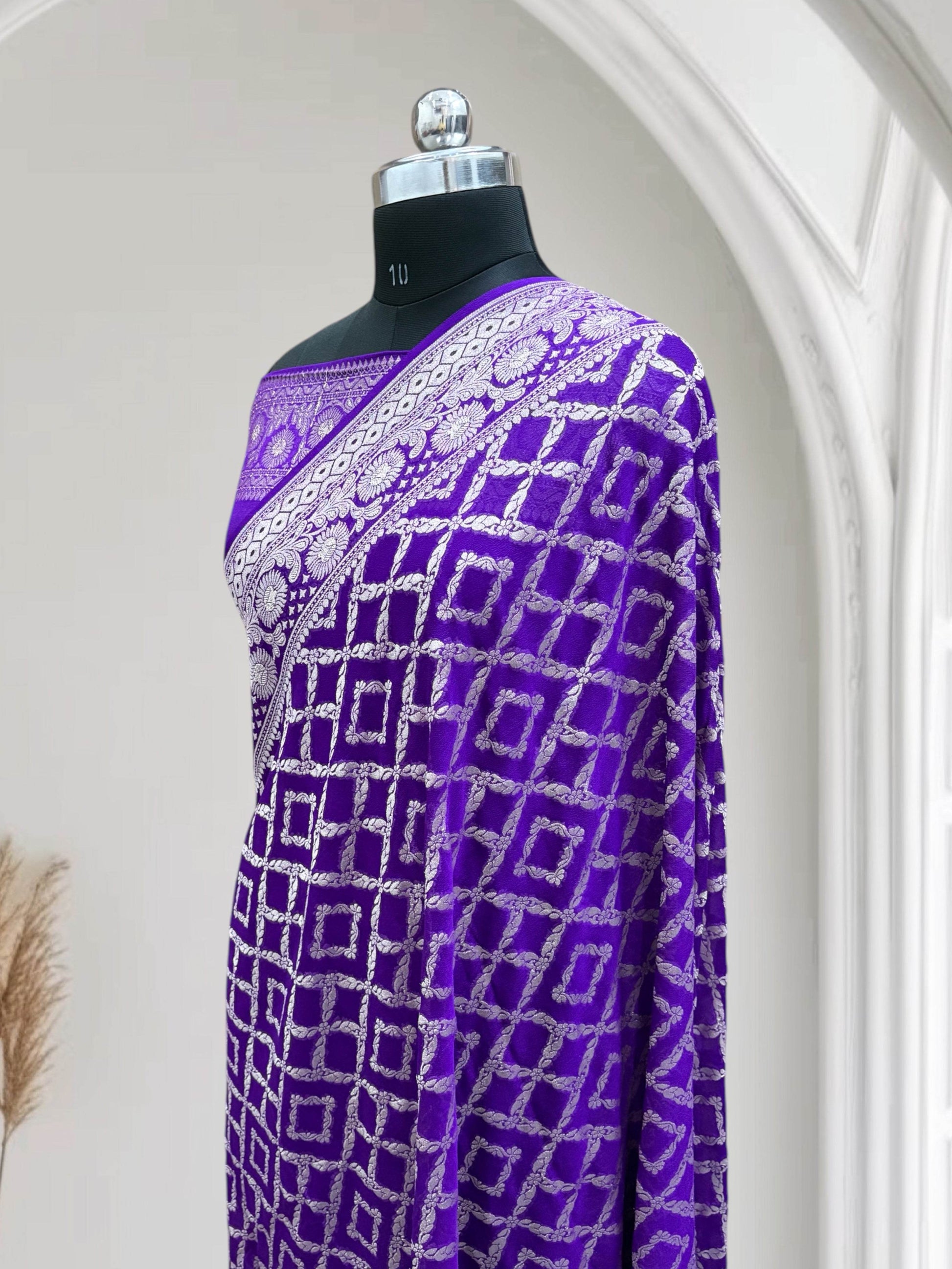 Blue-Magenta Violet Light Golden Zari Work Chiffon Pure Silk Banarasi Saree - Zohra Silk