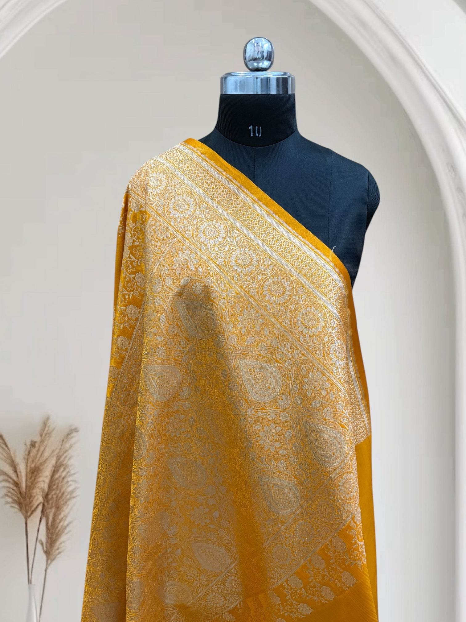 Haldi with Golden Zari Work and Rose Buti Design Satin Silk Banarasi Saree - Zohra Silk