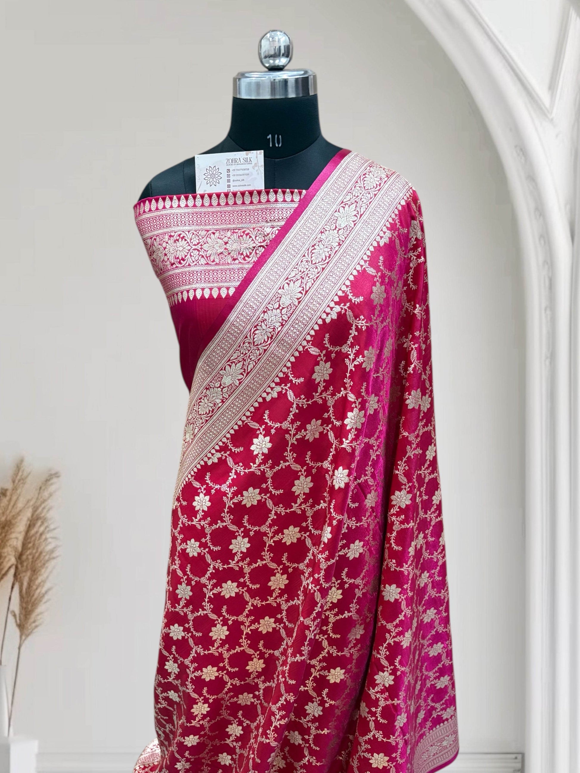 Satin Silk Banarasi Saree in Rani with Red Shaded - Zohra Silk