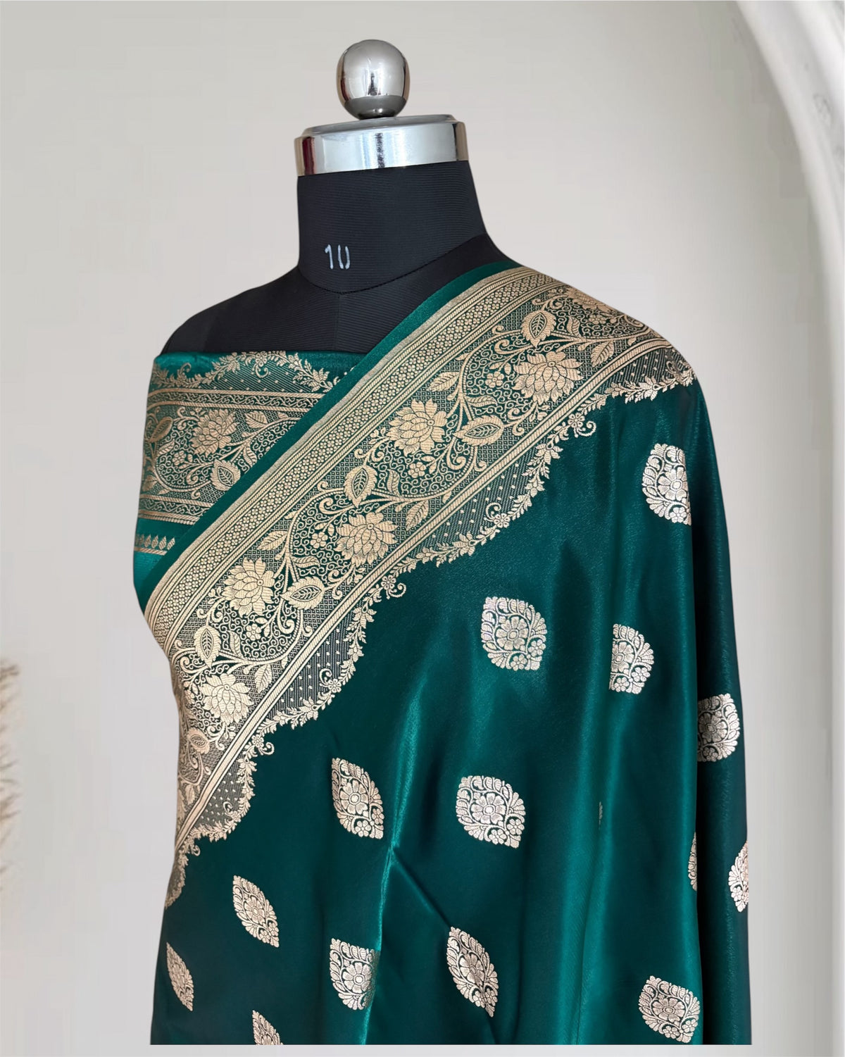 Teal Green Satin Silk Banarasi Saree Jhaad Motif