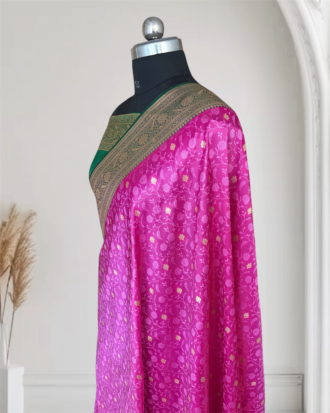 Pink & Green Satin Silk Banarasi Saree Tanchui Jaal