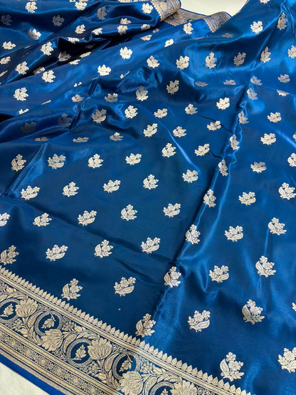 Teal Blue Satin Silk Motif Banarasi Saree