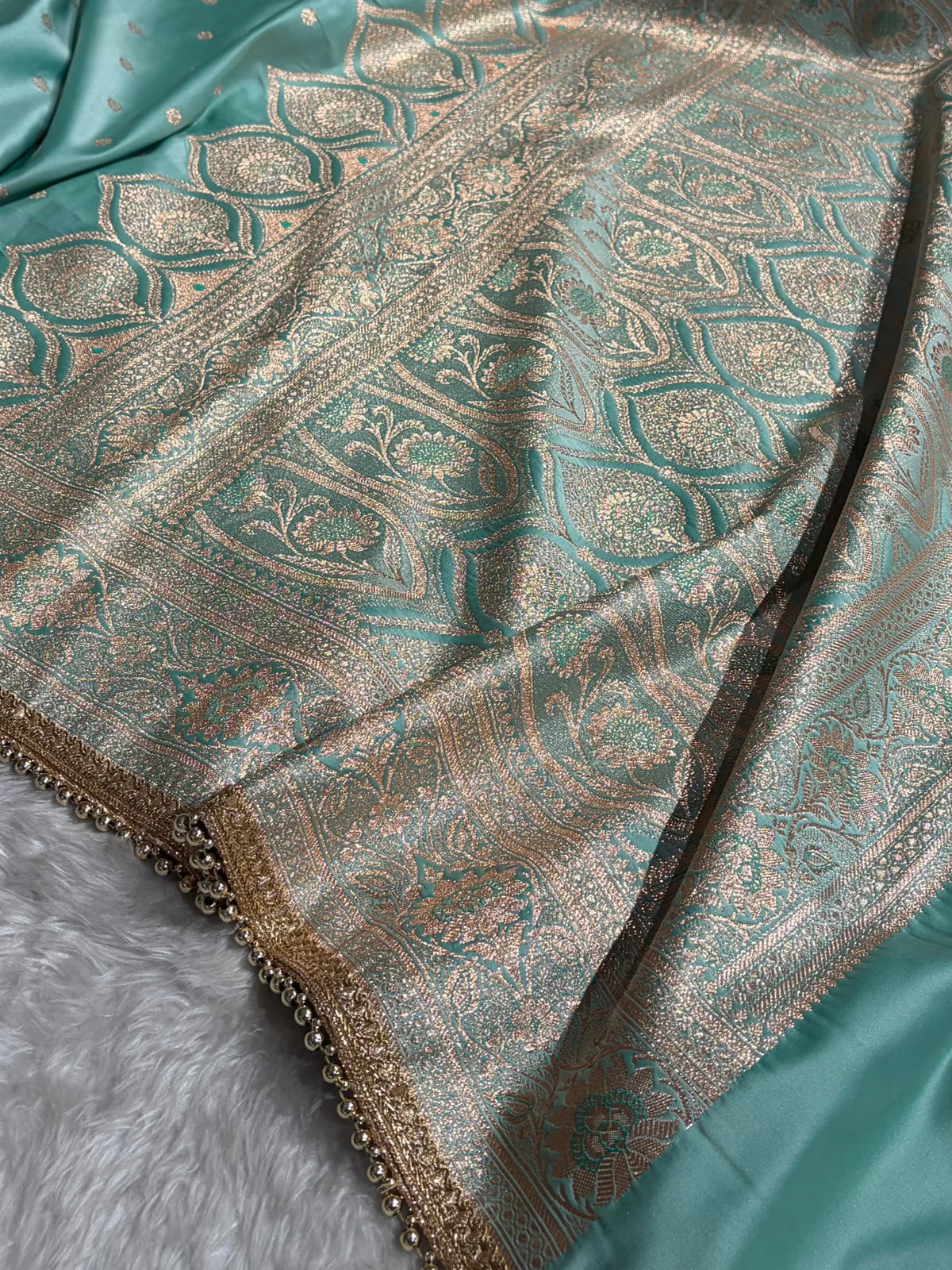 Pastel SeaGreen Satin Katan Silk Saree With Gotta Patti