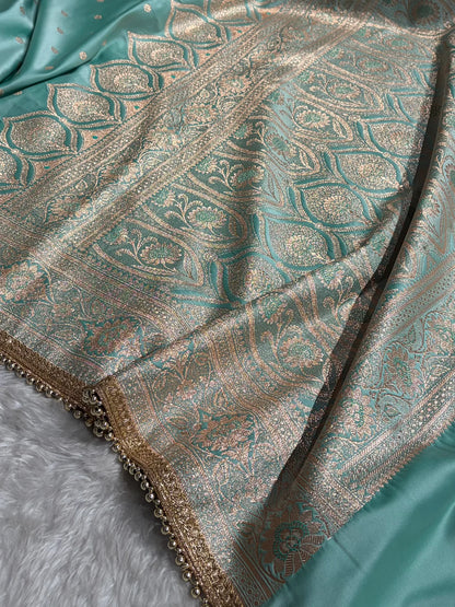 Pastel SeaGreen Satin Katan Silk Saree With Gotta Patti