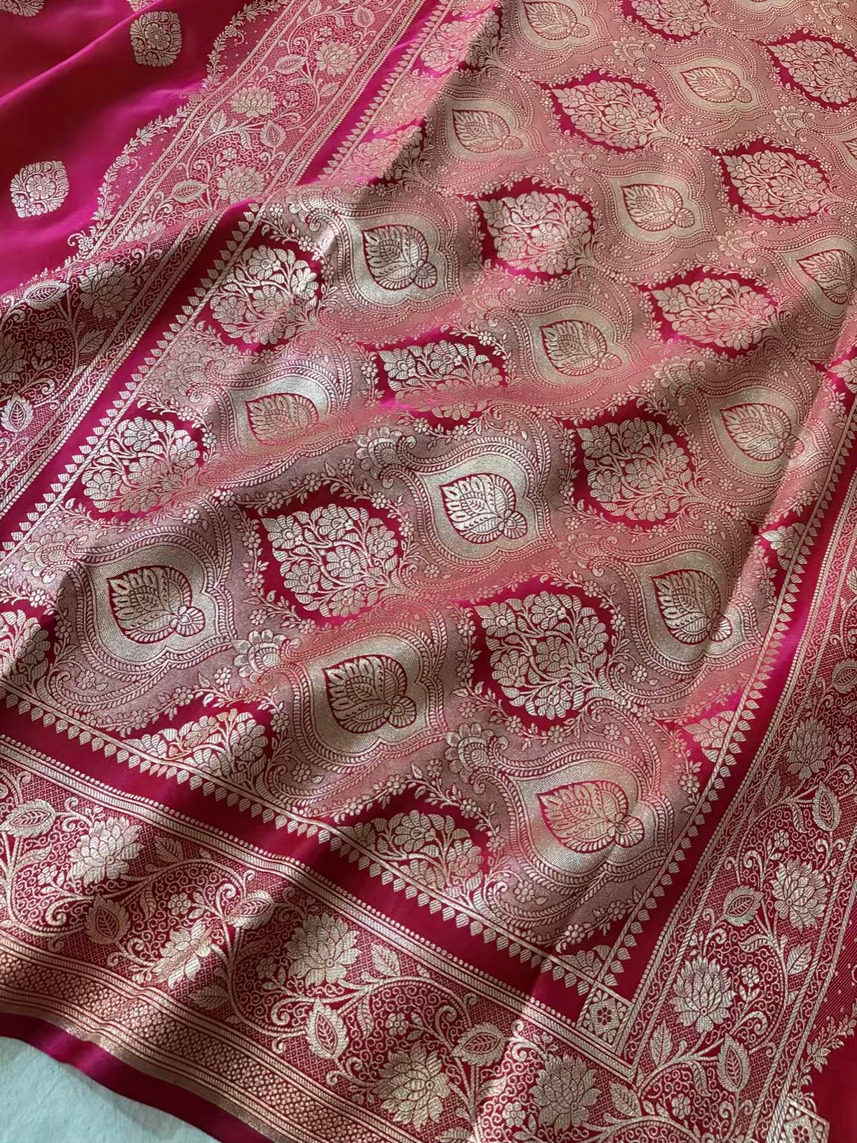 Rani Pink Satin Silk Banarasi Saree Jhaad Motif