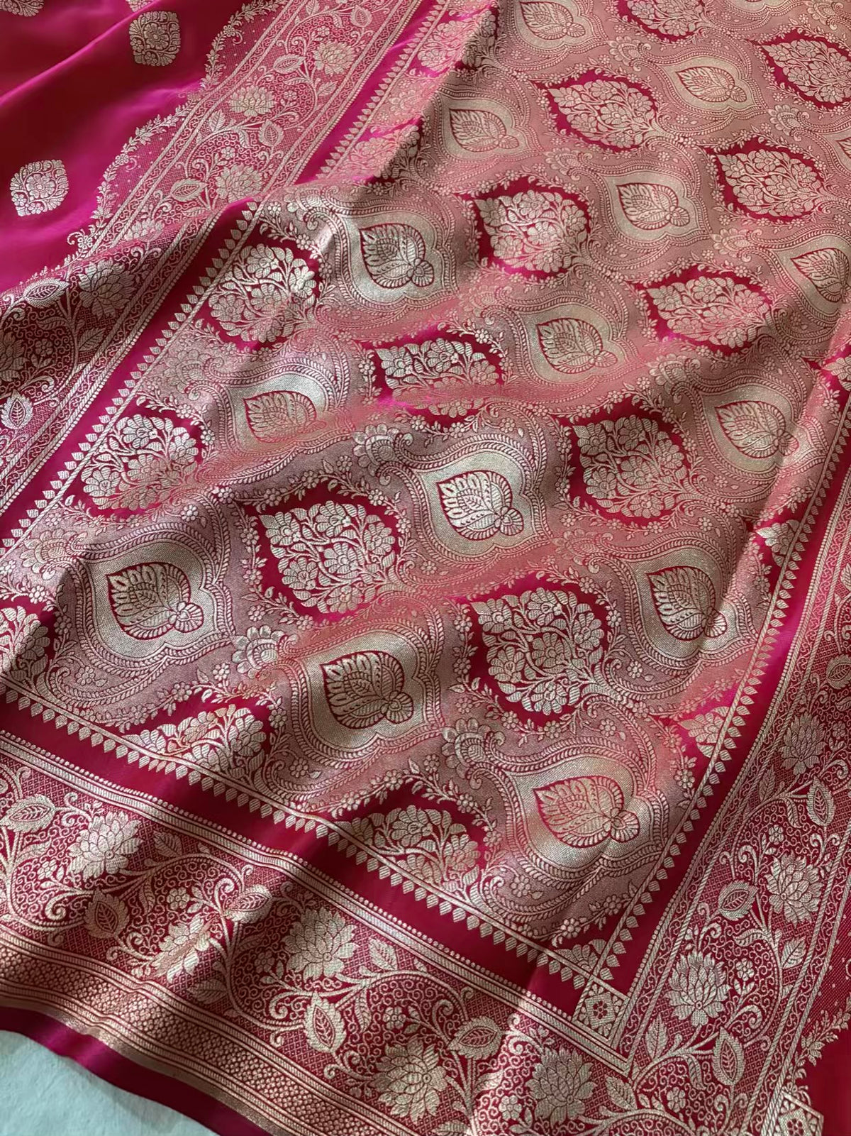 Rani Pink Satin Silk Banarasi Saree Jhaad Motif