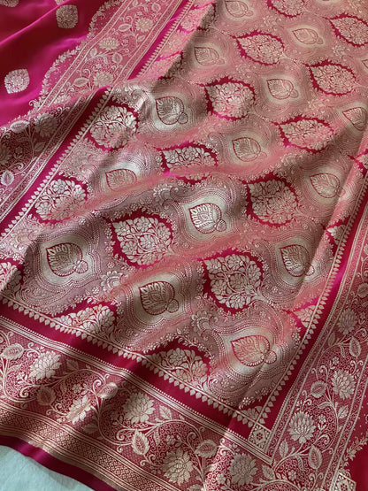 Rani Pink Satin Silk Banarasi Saree Jhaad Motif