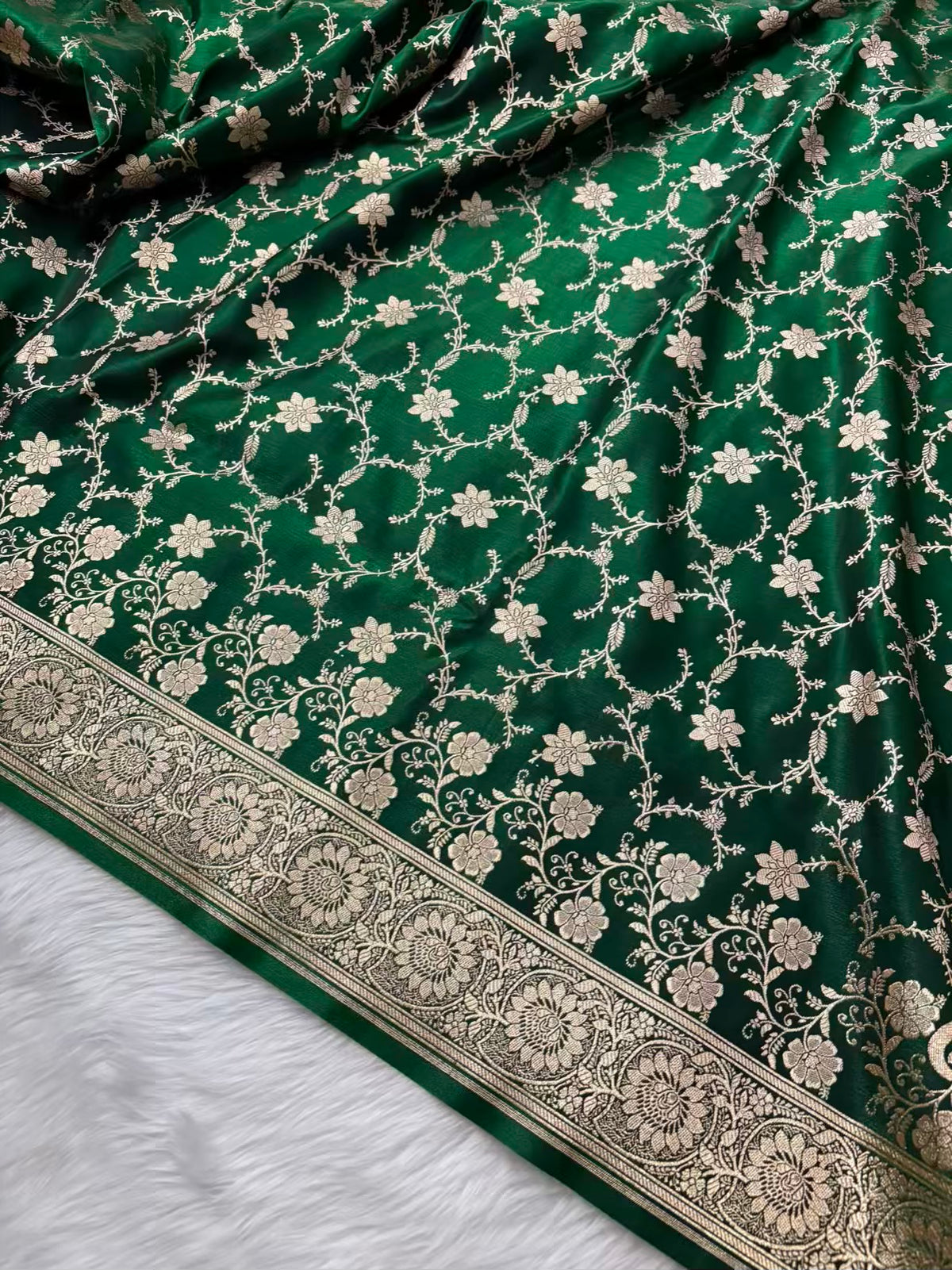 Botel Green Satin Silk Banarasi Saree Floral Swarna Latika Jaal
