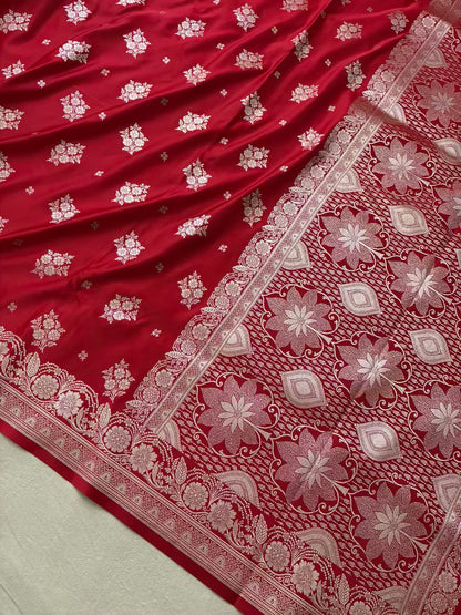 Red Soft Kataan Silk Motif Banarasi Saree In Silver Zari