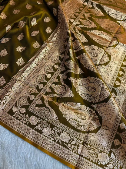 Mehdi Green Shaded New Motif Satin Silk Banarasi Saree