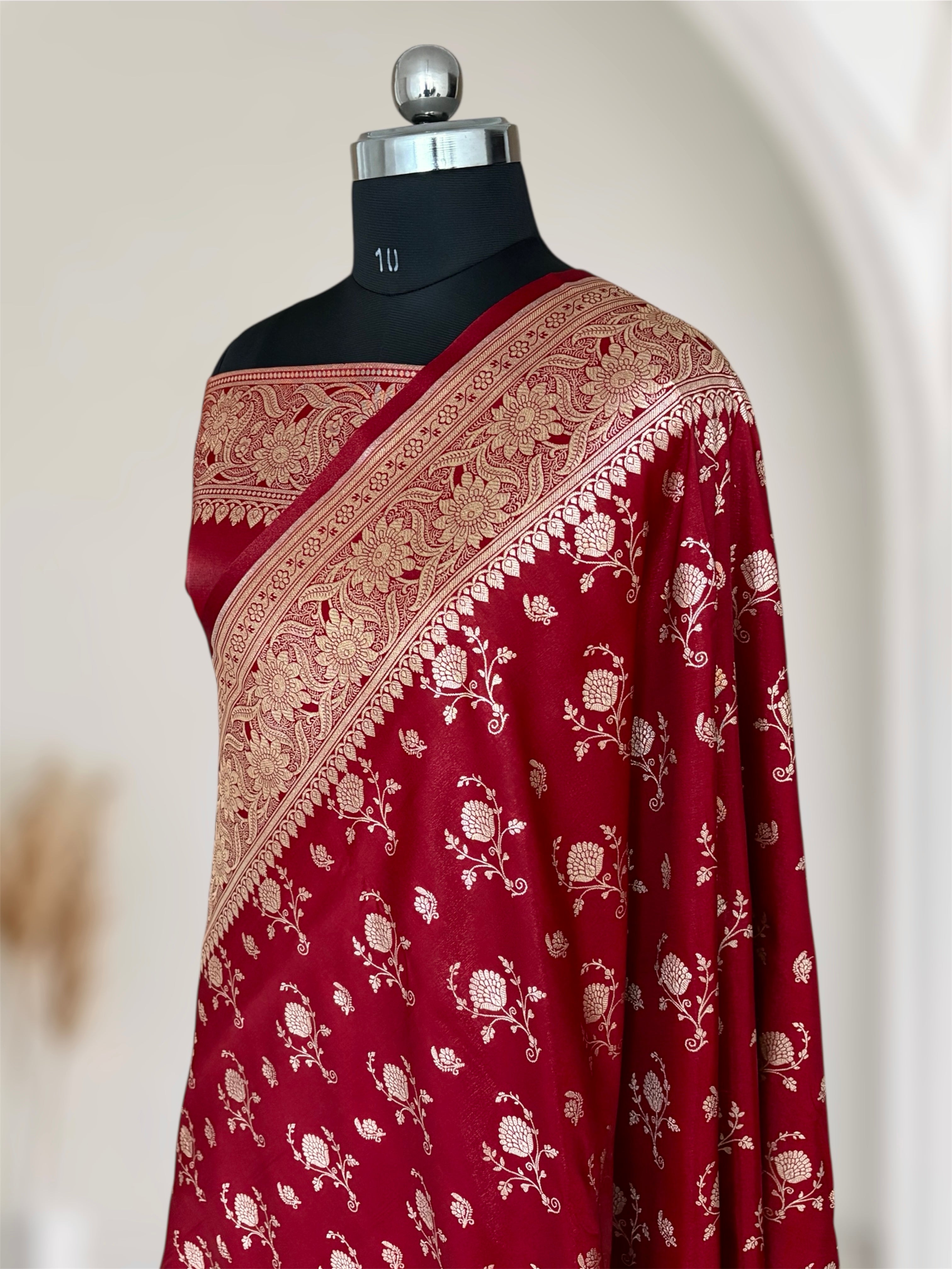 Maroon Floral Buti Satin Silk Banarasi Saree