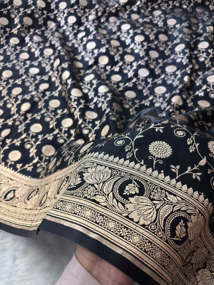 Black Satin Silk Banarasi Saree In Marigold Jaal