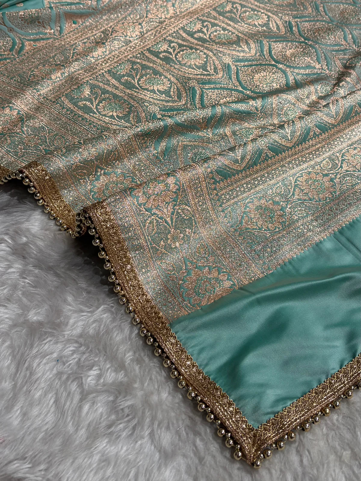 Pastel SeaGreen Satin Katan Silk Saree With Gotta Patti