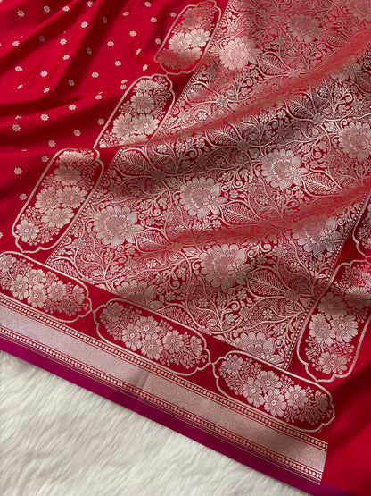 Red Soft Kataan Silk Banarasi Saree In Rose Gold Zari