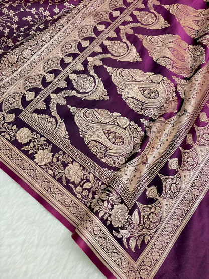 Heavy Jaal Satin Silk Banarasi Saree Wine Shades