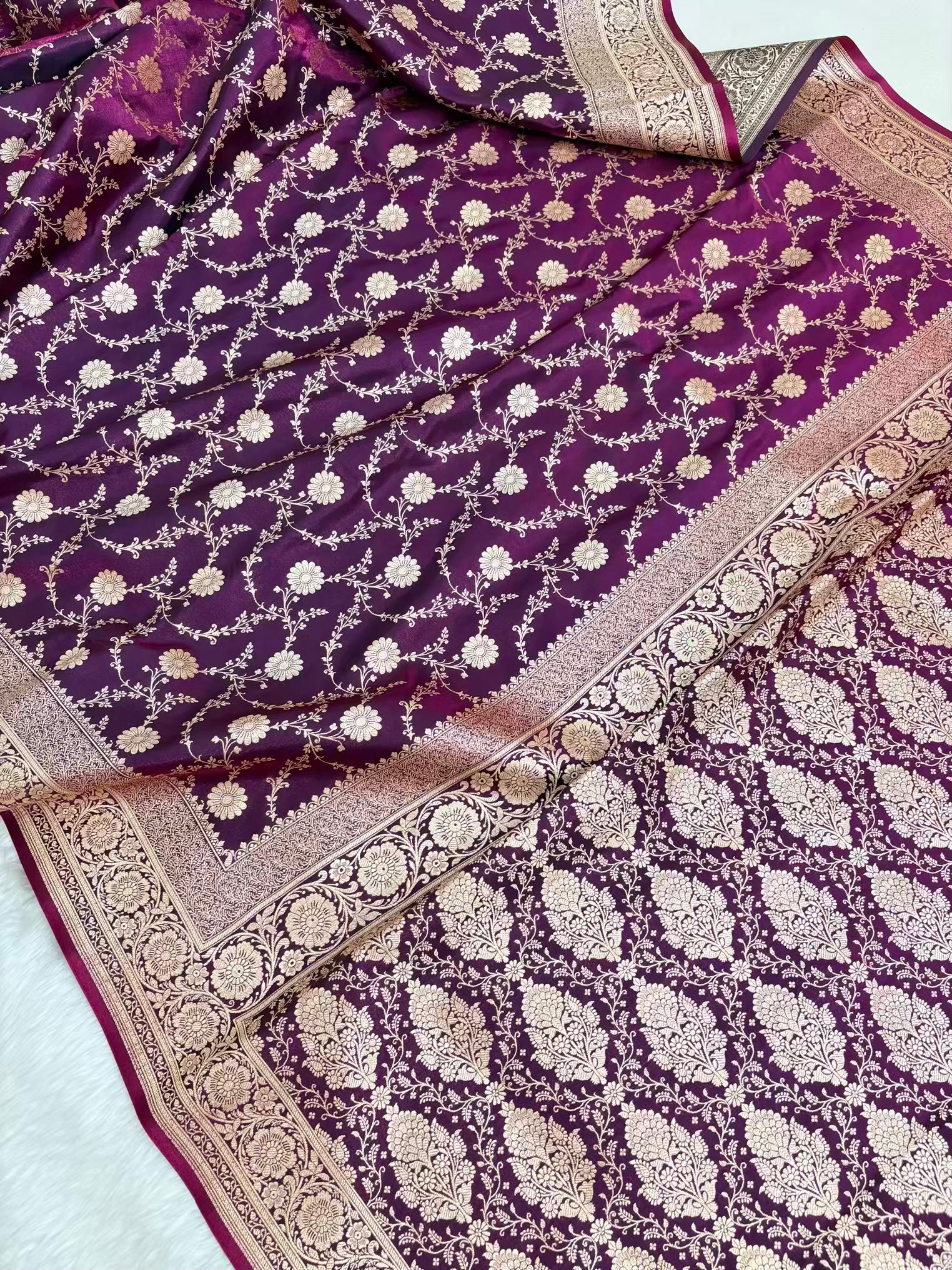Wine Satin Silk Banarasi Saree with Golden Zari Floral Bel Jaal
