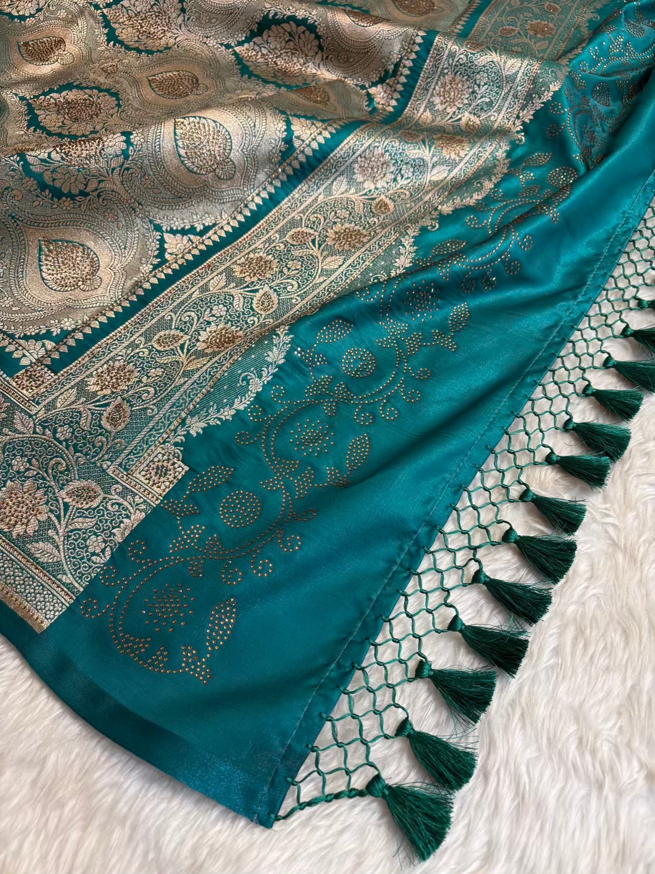 Rama Green With Swarovski Stone Work Jaal Pattern Satin Silk Saree