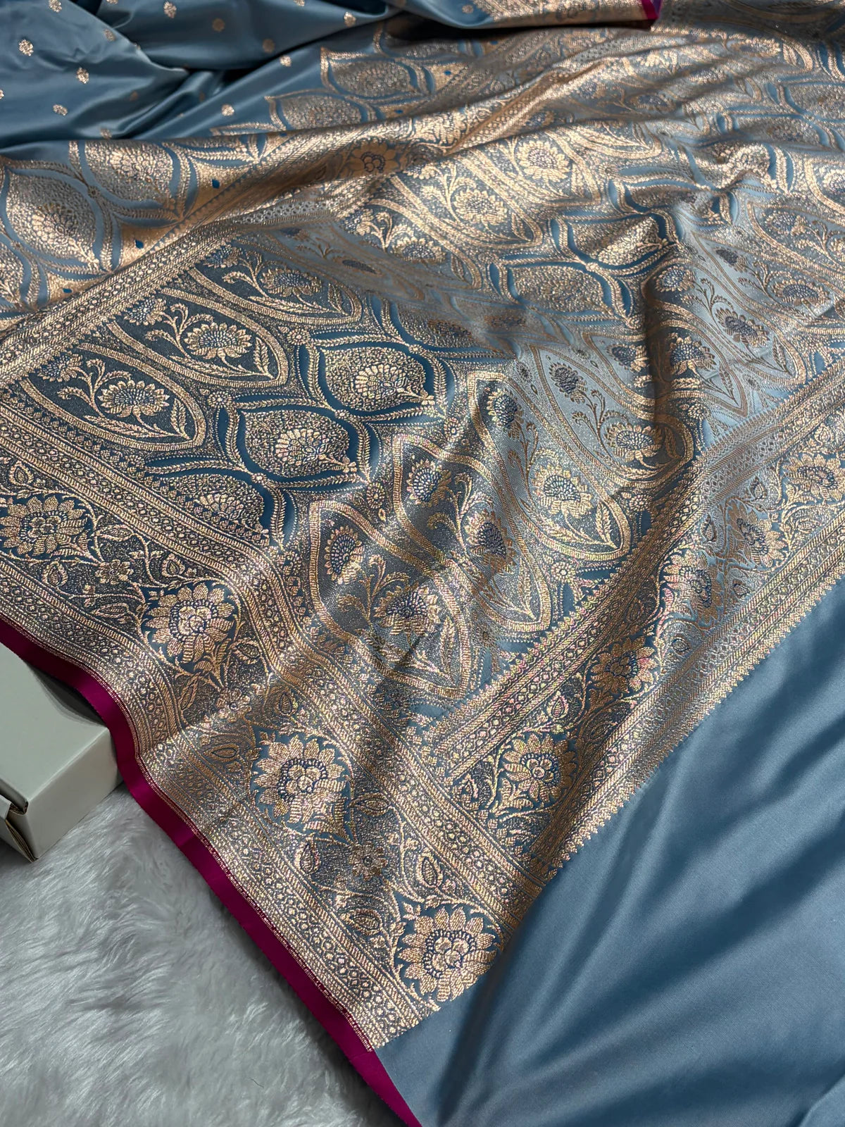 Banarasi Powder Blue Booti Satin katan Silk Saree