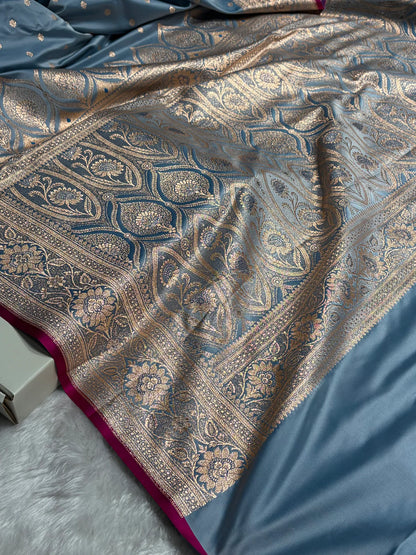Banarasi Powder Blue Booti Satin katan Silk Saree
