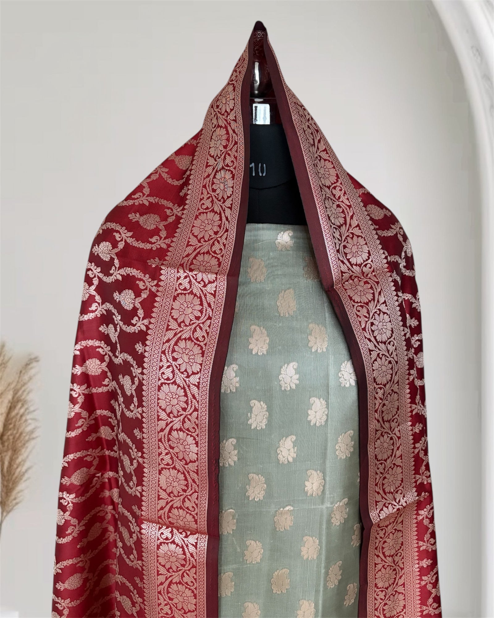 Red and Pista Satin Silk Banarasi Suit