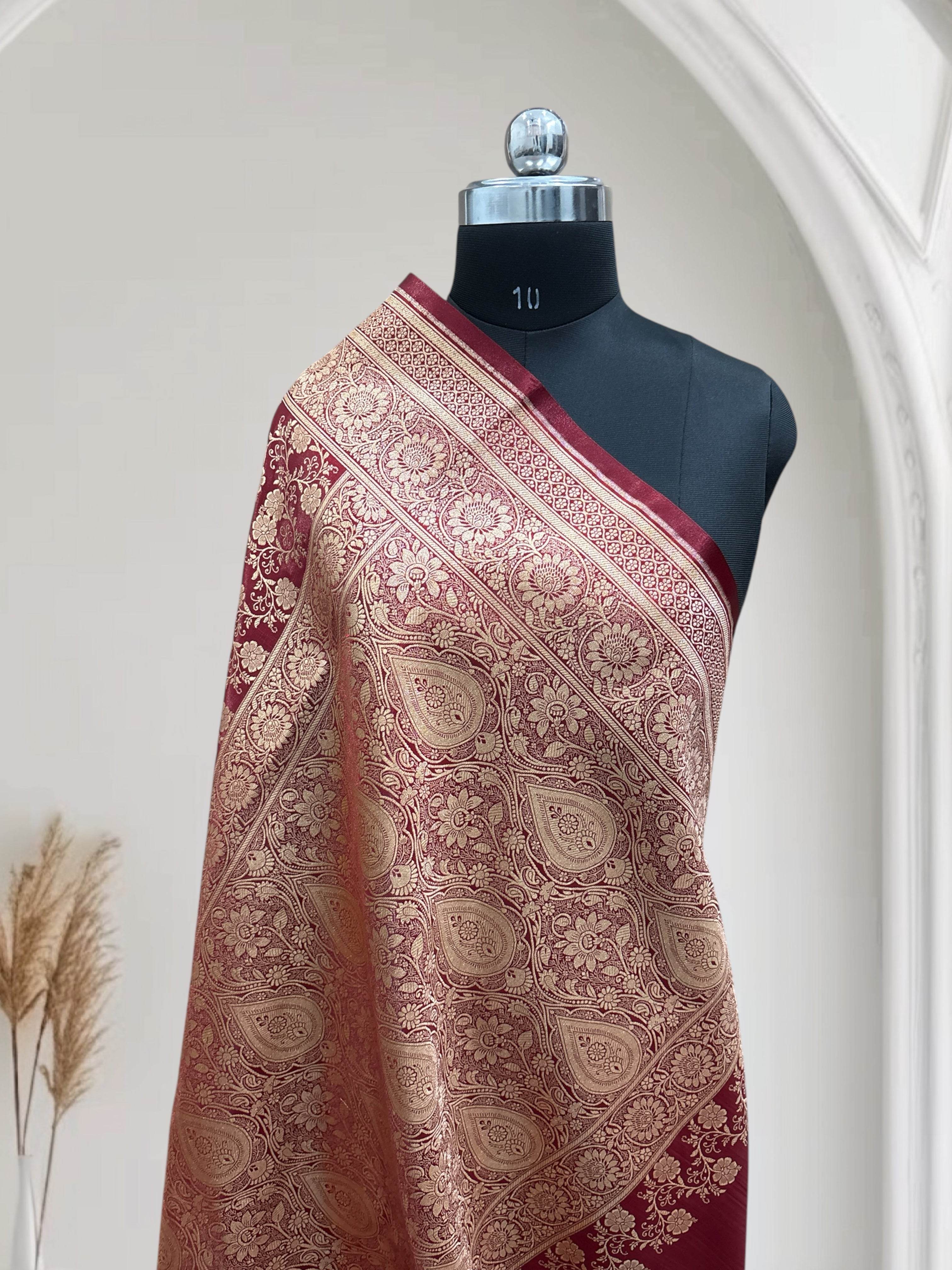 Maroon with Golden Zari Work and Rose Buti Design Satin Silk Banarasi Saree - Zohra Silk