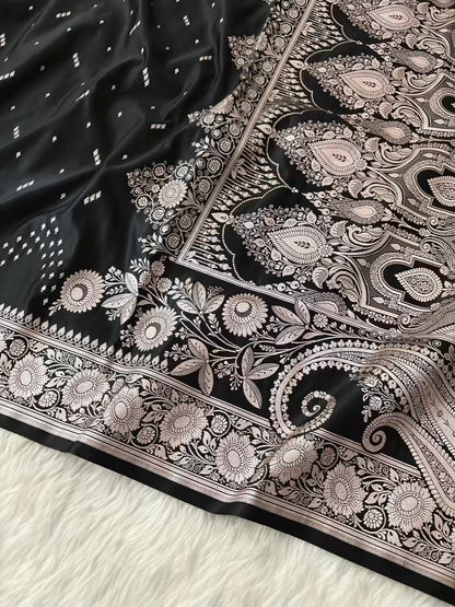 Black Premium Zari Work Fancy Satin Silk Banarasi Saare