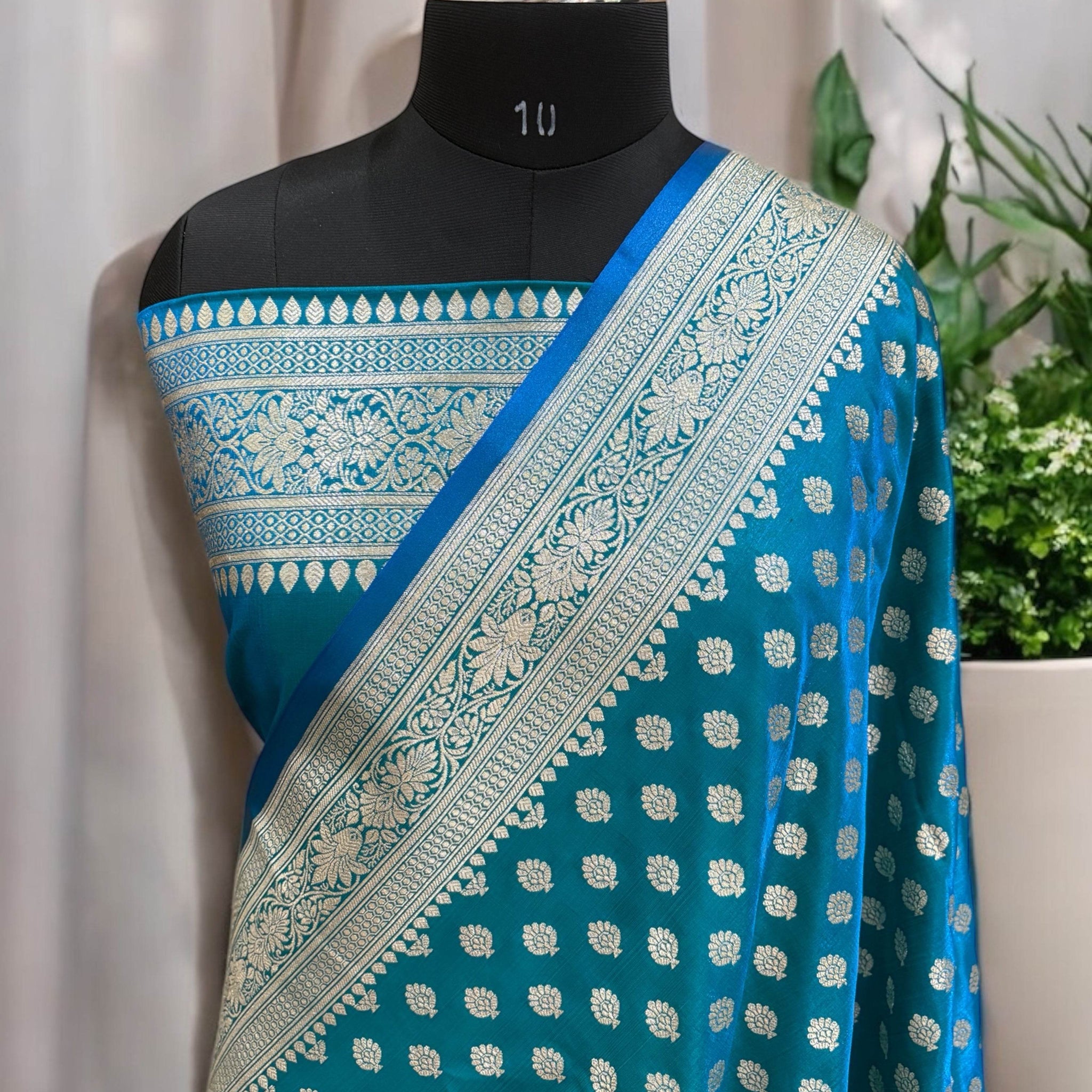 Blue-Green Buti Satin Silk Saree - Zohra Silk