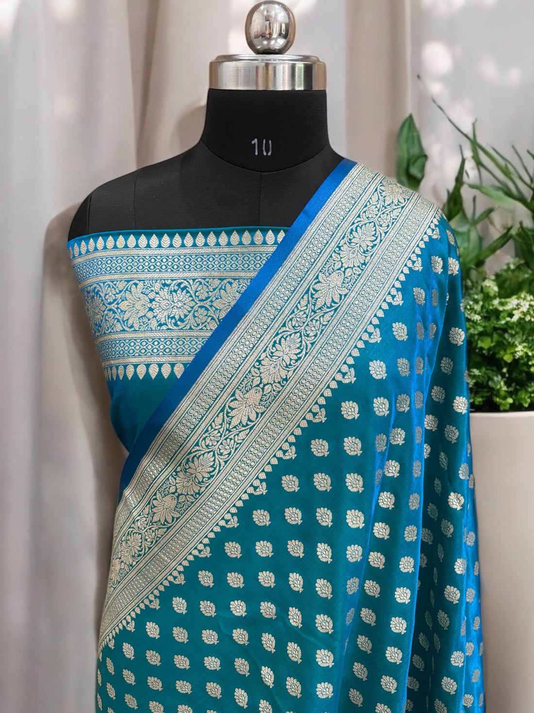 Blue-Green Buti Satin Silk Saree - Zohra Silk