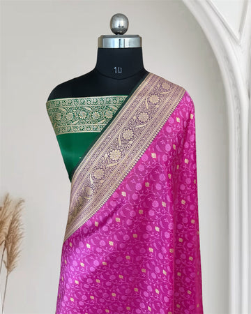 Pink & Green Satin Silk Banarasi Saree Tanchui Jaal
