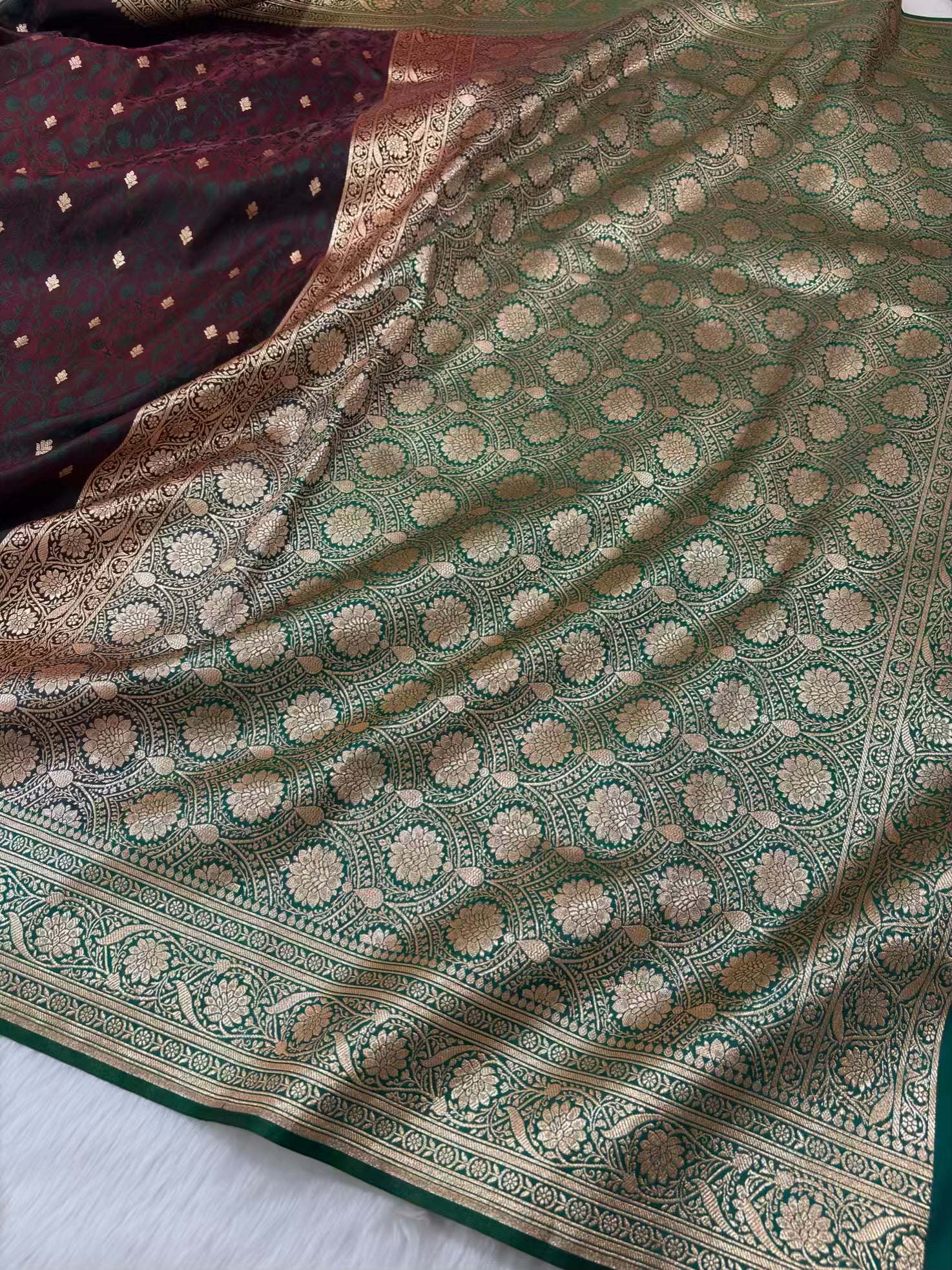 Dark Maroon & Green Satin Silk Banarasi Saree Tanchui Jaal