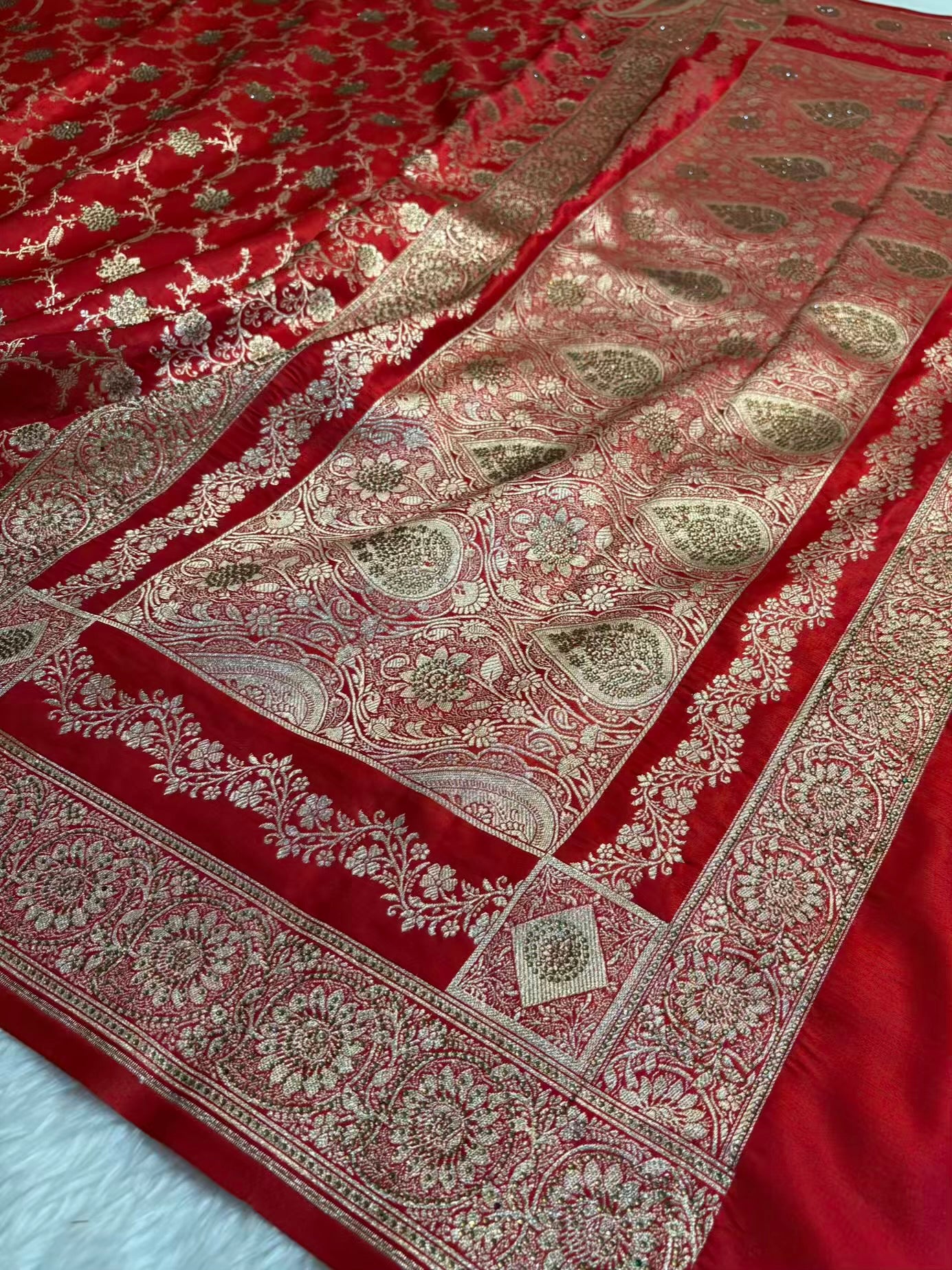 Satin Silk Saree Banarasi Swarovski Work Jaal in Red Shades