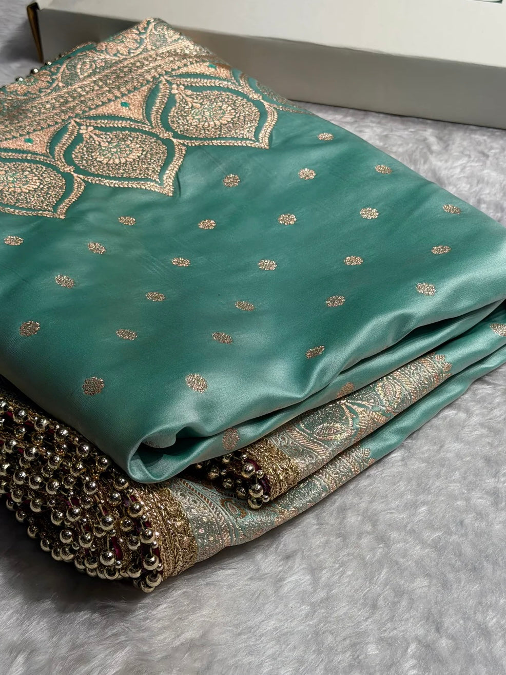 Pastel SeaGreen Satin Katan Silk Saree With Gotta Patti