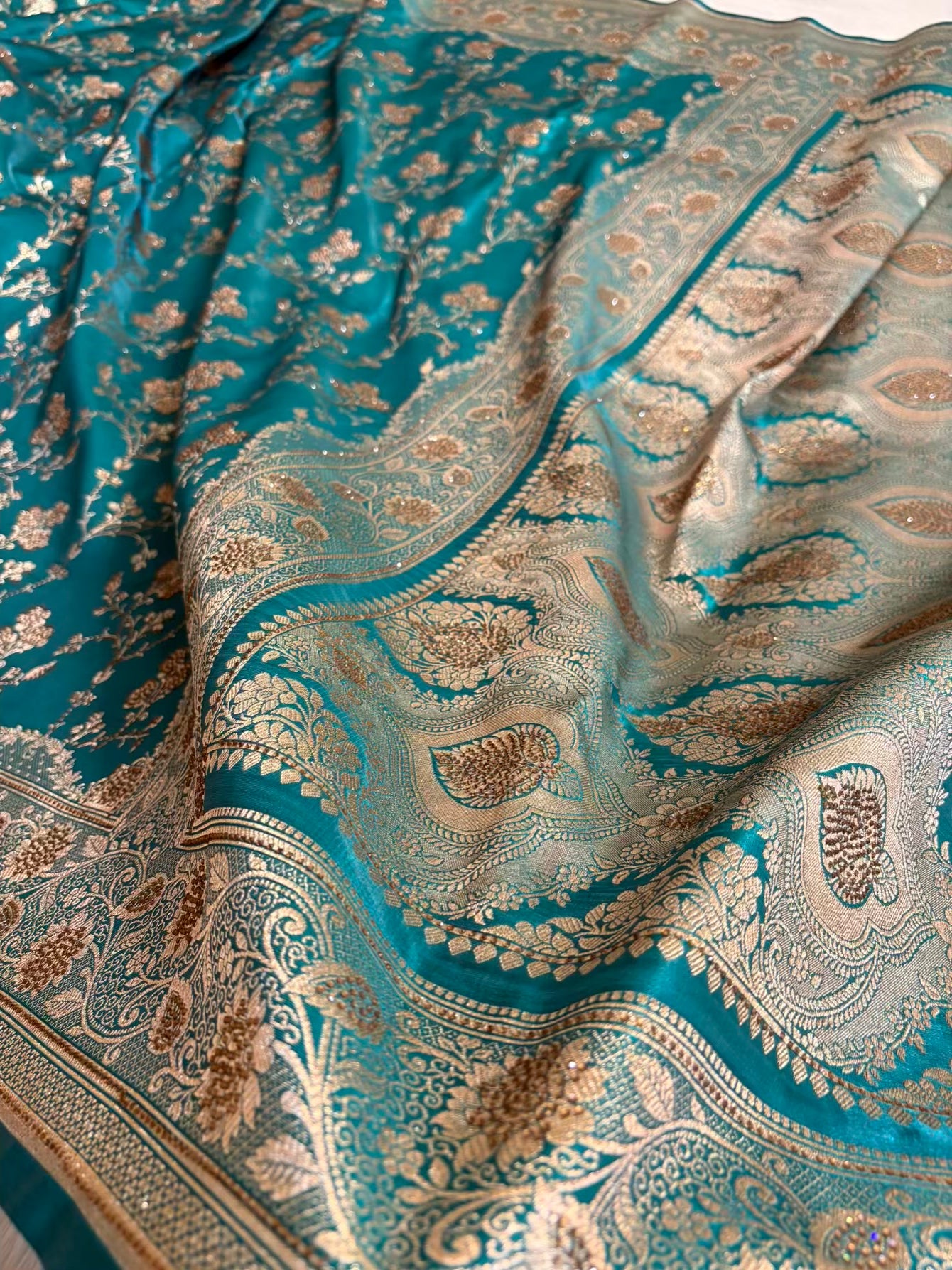 Rama Green With Swarovski Stone Work Jaal Pattern Satin Silk Saree