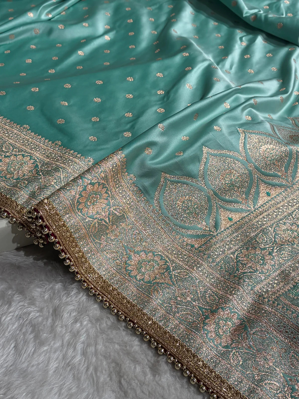 Pastel SeaGreen Satin Katan Silk Saree With Gotta Patti
