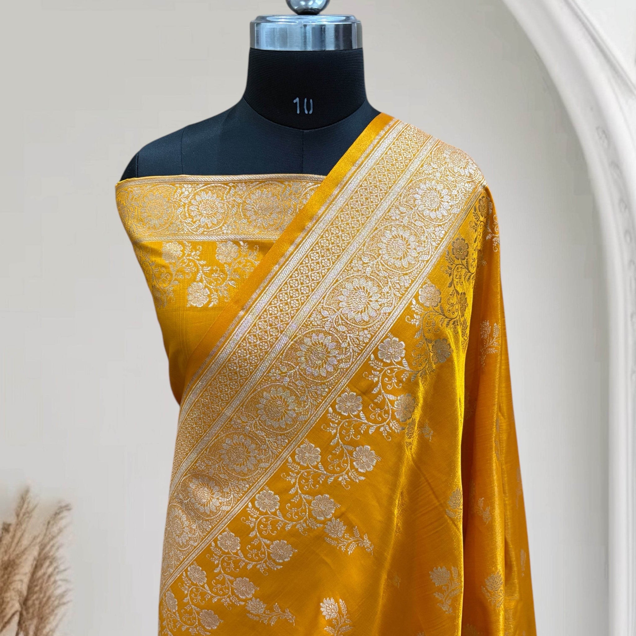 Haldi with Golden Zari Work and Rose Buti Design Satin Silk Banarasi Saree - Zohra Silk