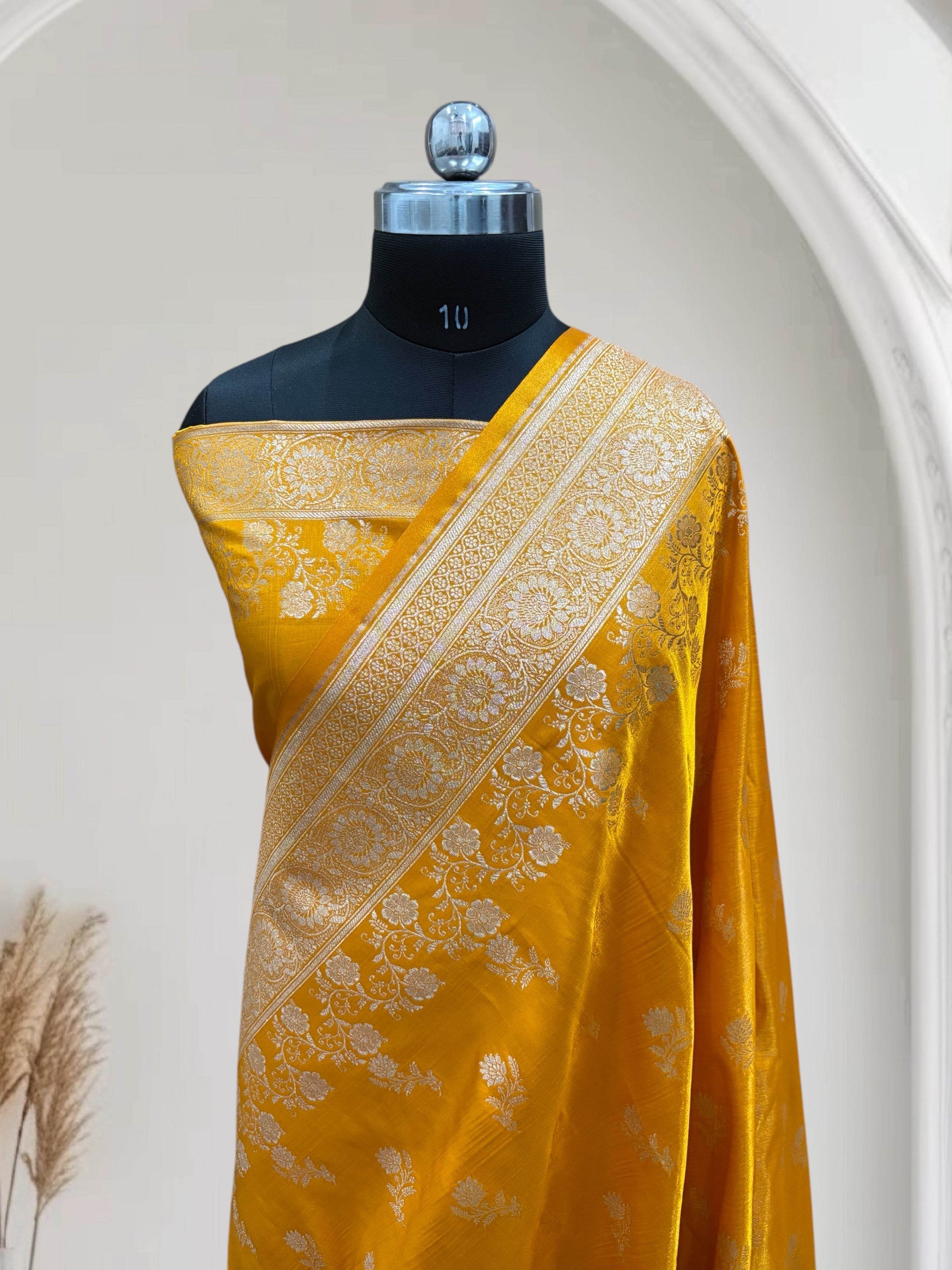 Haldi with Golden Zari Work and Rose Buti Design Satin Silk Banarasi Saree - Zohra Silk